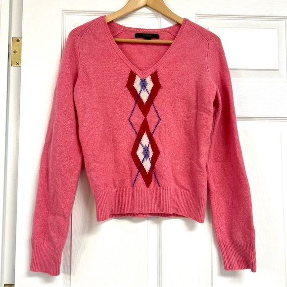 Vintage Express 100% Lamswool Sweater Women M baby Pink Y2K Academia Argyle - Picture 1 of 8